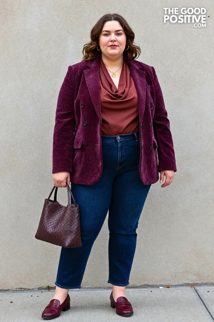 Plum Corduroy Blazer, Cinnamon Blouse, And Indigo Jeans
