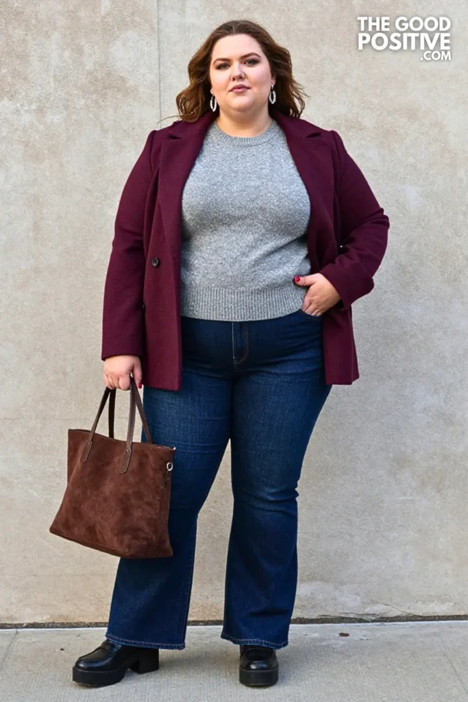 Plum Funnel-Neck Jacket, Flare Jeans & Platform Loafers