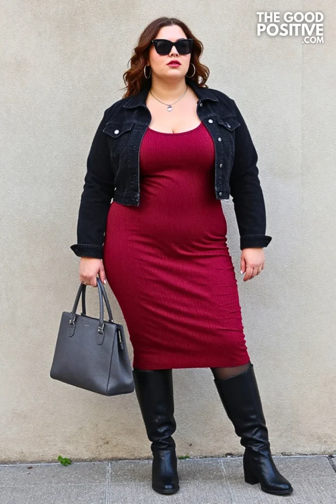 Plum Knit Dress With Cropped Jacket Outfit