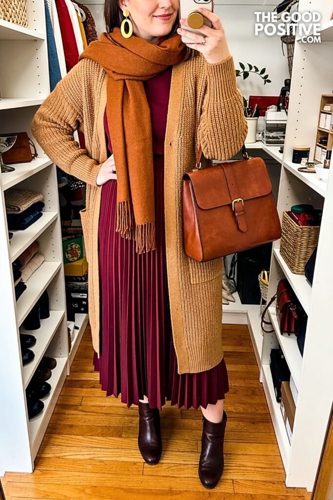 Plum Pleated Midi Dress with Camel Longline Cardigan
