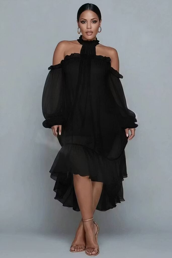 Plus Size Birthday Black Halter Collar Cold Shoulder Long Sleeve Ruffle Asymmetric Hem Irregular Hem Chiffon Midi Dress