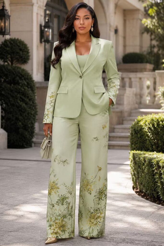 Plus Size Business Casual Sage Green Floral Turndown Collar Long Sleeve Pocket Two Piece Pant Suit