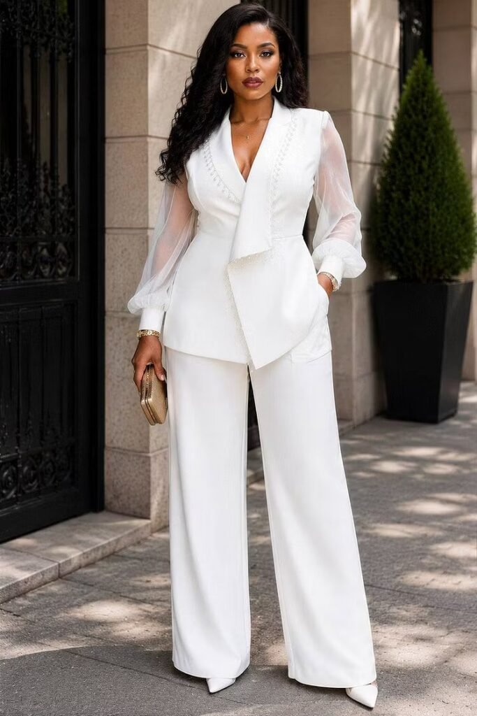 Plus Size Business Casual White Turndown Collar Long Sleeve Pocket See Through Two Piece Pant Suit