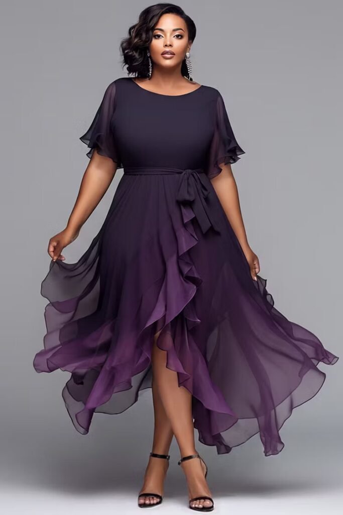 Plus Size Cocktail Party Black Gradient Round Neck Short Sleeve Asymmetric Hem Irregular Hem Chiffon Midi Dress