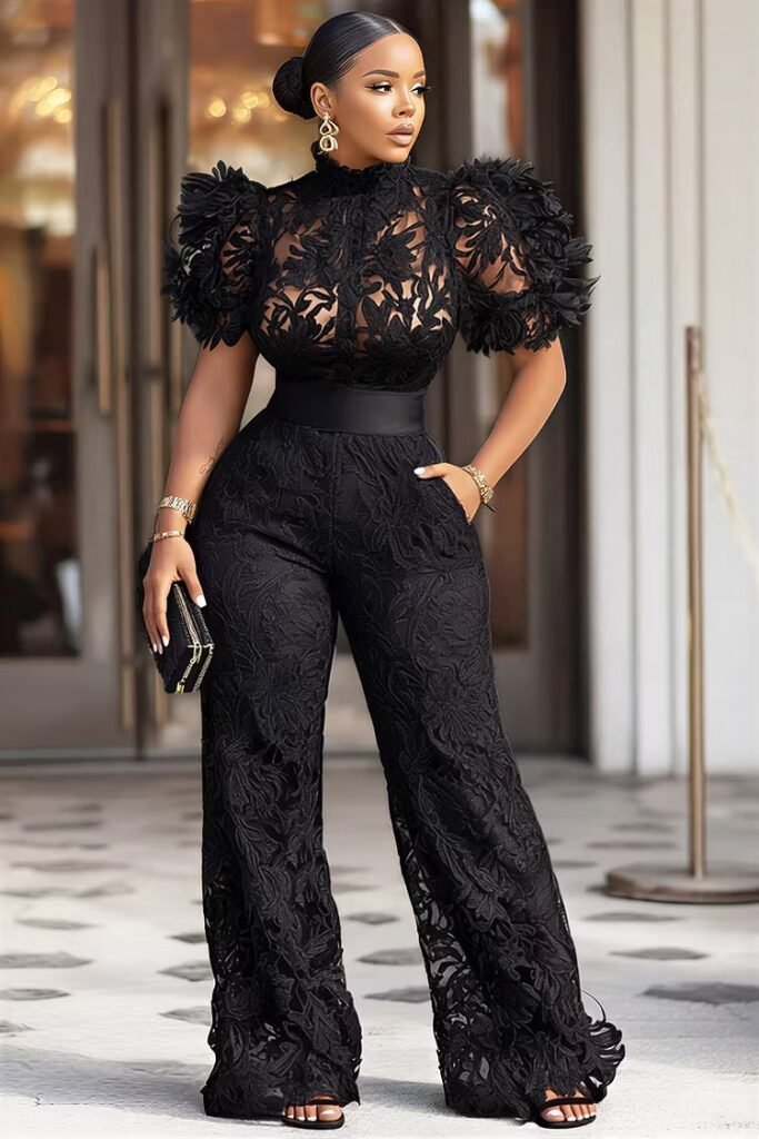 Plus Size Cocktail Party Black Mock Neck Short Sleeve See Through Pocket Lace Jumpsuit
