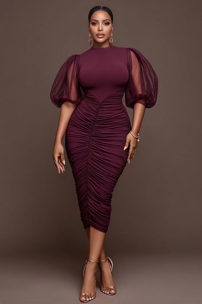 Plus Size Cocktail Party Burgundy Round Neck Puff Sleeve Short Sleeve Fold Bodycon Tulle Midi Dress