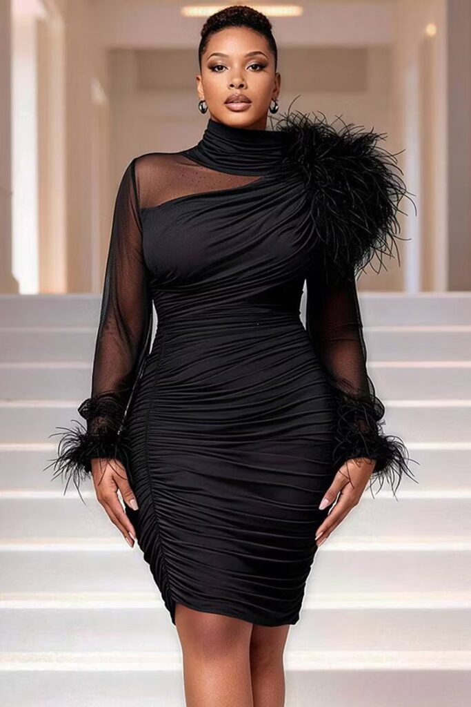 Plus Size Cocktail Party Elegant Black Stand-Up Collar Long Sleeve Feather Contrast Mini Dress