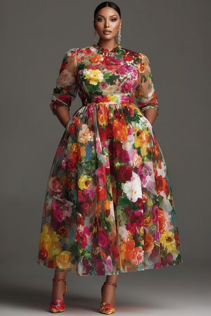 Plus Size Cocktail Party Multicolor Floral Round Neck Long Sleeve Pocket Chiffon Midi Dress