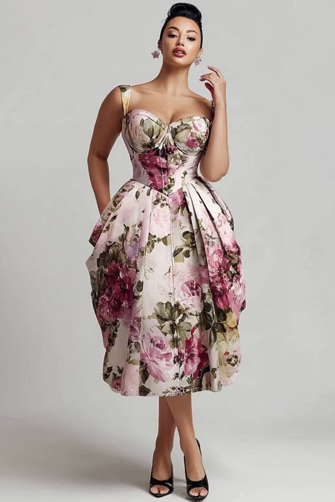 Plus Size Cocktail Party Pink Floral Sweetheart Neck Pleated Pocket Satin Midi Dress