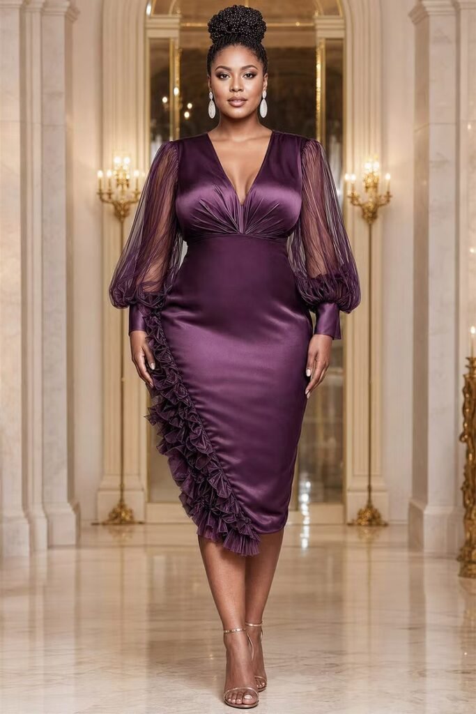 Plus Size Cocktail Party Tulle Purple V Neck Lantern Sleeve Long Sleeve Ruffle See Through Satin Midi Dress