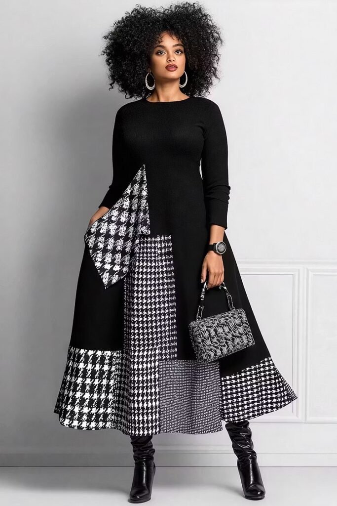 Plus Size Daily Black Houndstooth Round Neck Long Sleeve Pocket Elegant Maxi Dress