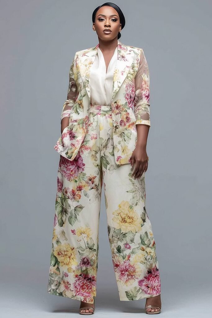 Plus Size Formal Beige Floral Lapel Collar 3:4 Sleeve See Through Pocket Two Piece Pant Suit