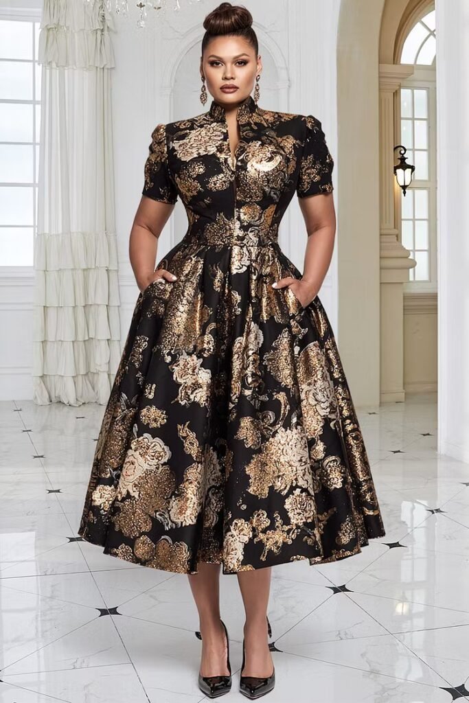 Plus Size Formal Black All Over Print Stand-Up Collar Short Sleeve Pocket Elegant Satin Midi Dress