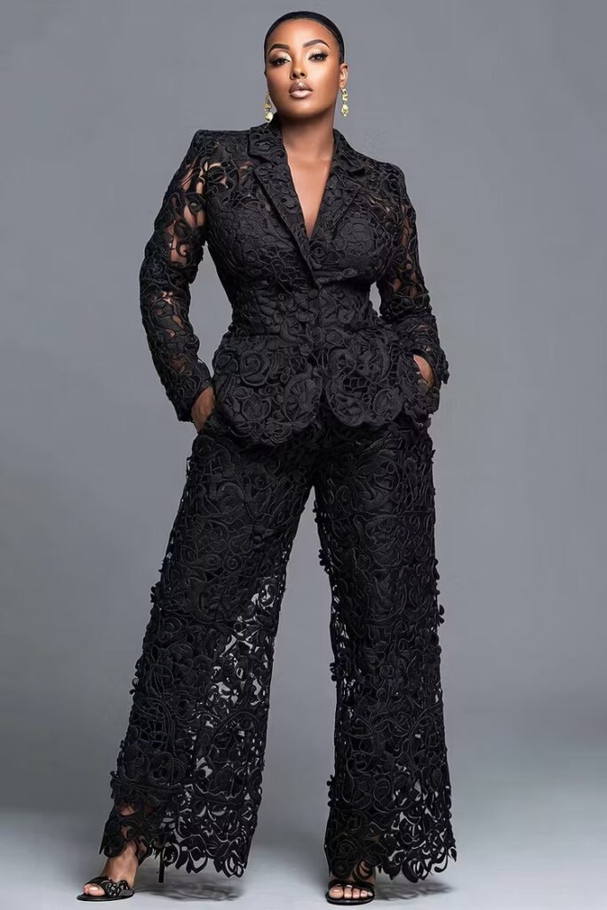 Plus Size Formal Black Lapel Collar Long Sleeve Cut Out Pocket Guipure Lace Two Piece Pant Suit