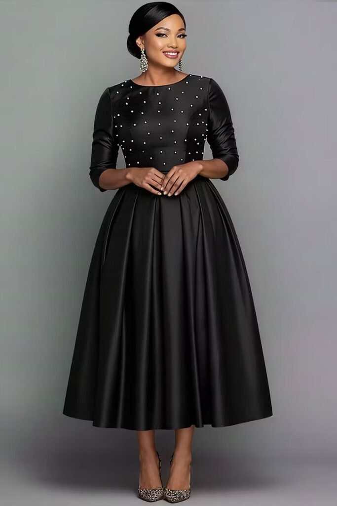Plus Size Formal Black Round Neck Long Sleeve Pearls Elegant Pocket Satin Midi Dress