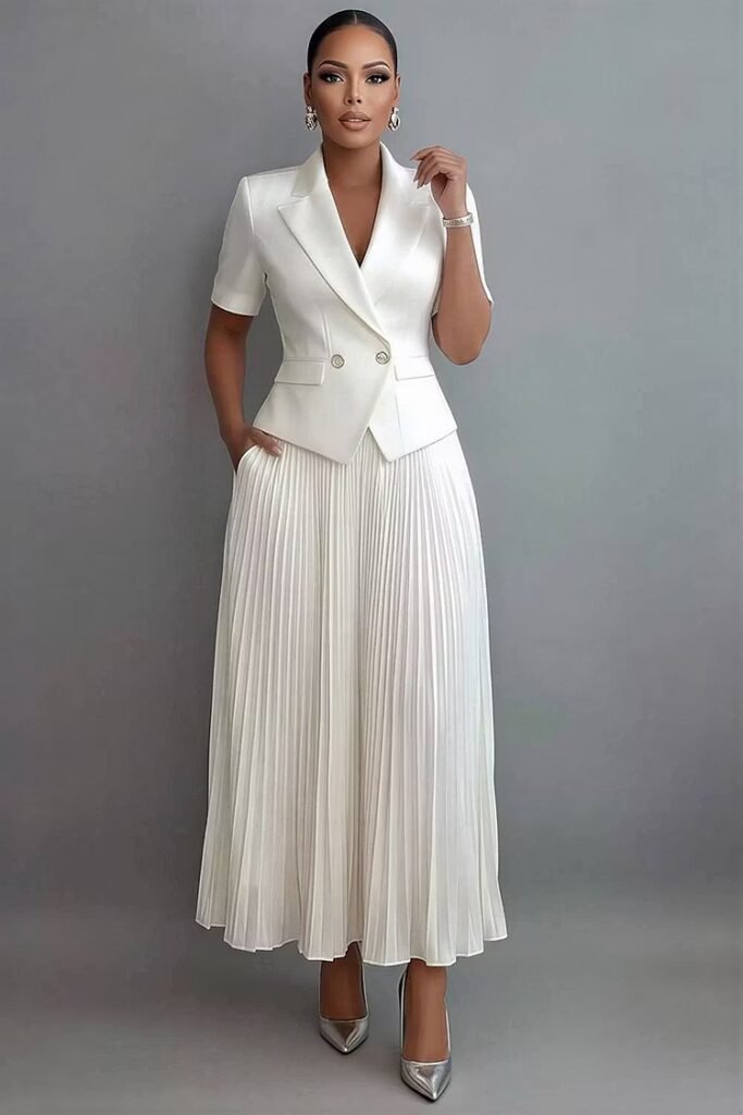 Plus Size Formal Chiffon White Turndown Collar Short Sleeve Pleated Pocket Satin Two Piece Skirt Set