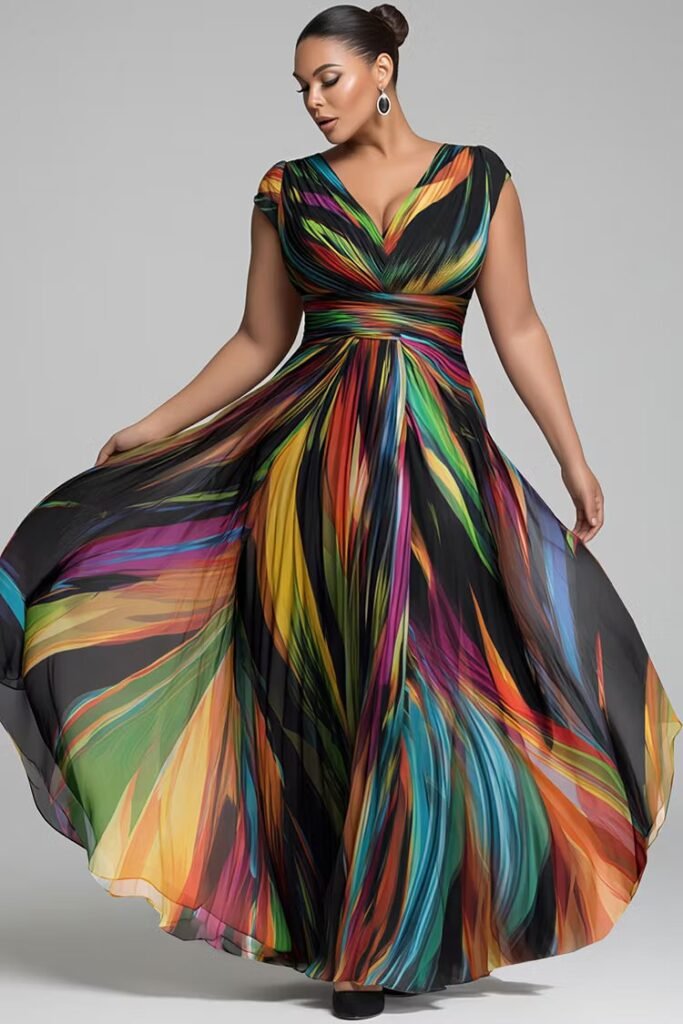 Plus Size Formal Elegant Multicolor Colorblock V Neck Short Sleeve Chiffon Maxi Dress