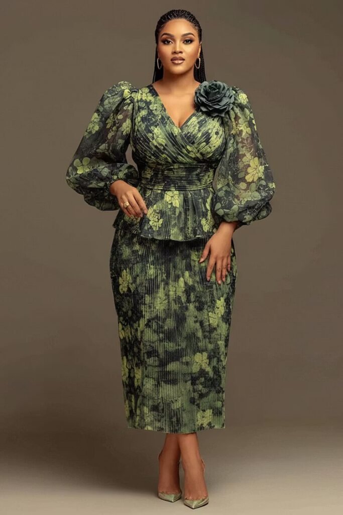 Plus Size Formal Green Floral Wrap Neck Lantern Sleeve 3:4 Sleeve 3D Pleated Chiffon Two Piece Skirt Set