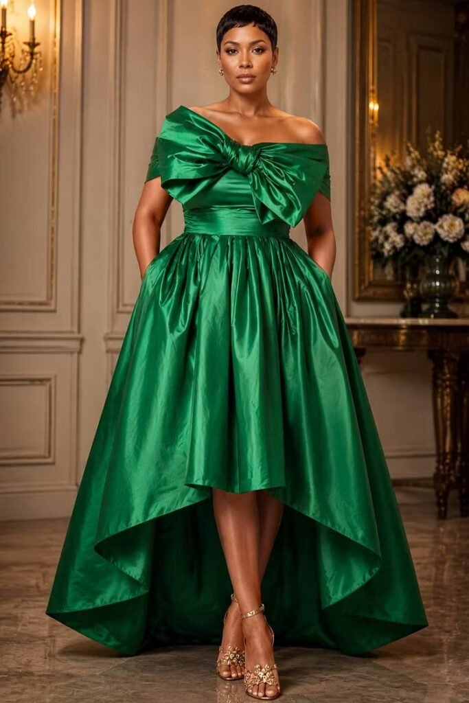 Plus Size Formal Green Off The Shoulder Pocket Asymmetric Hem Irregular Hem Satin Maxi Dress