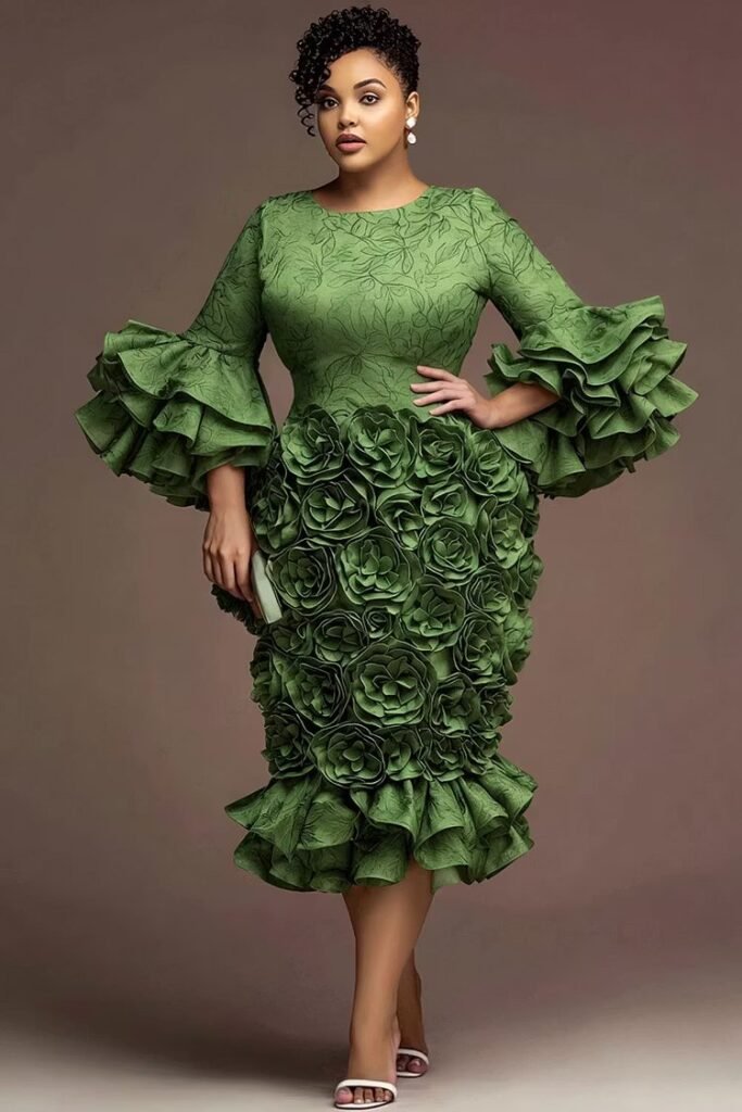 Plus Size Formal Green Round Neck Flare 3:4 Sleeve 3D Ruffle Satin Midi Dress