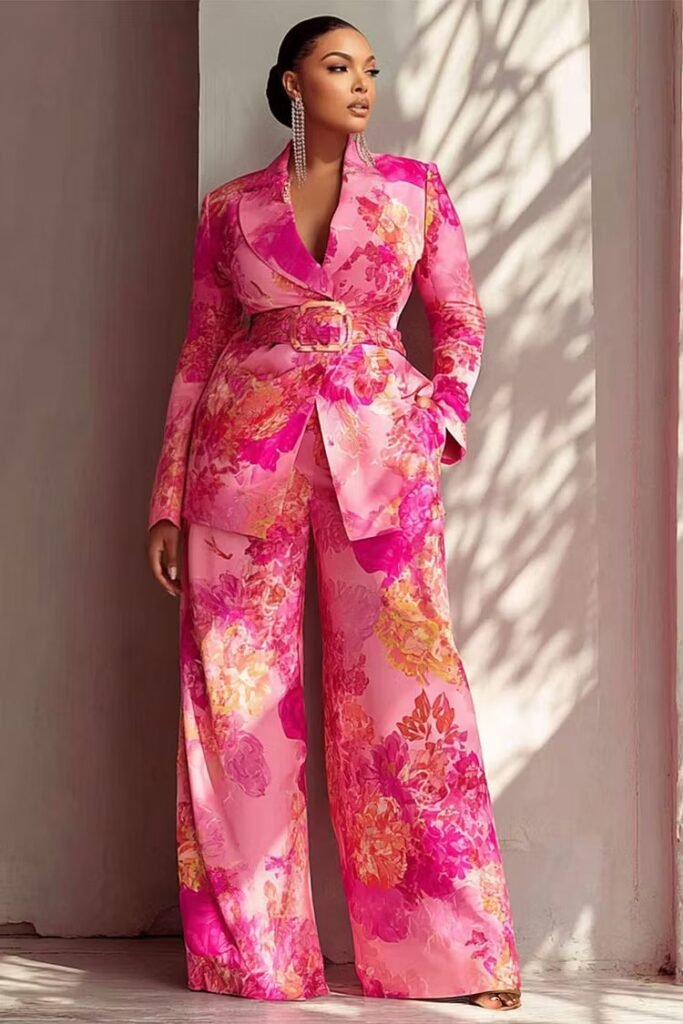 Plus Size Formal Hot Pink Turndown Collar Long Sleeve Pocket Satin Two Piece Pant Suit
