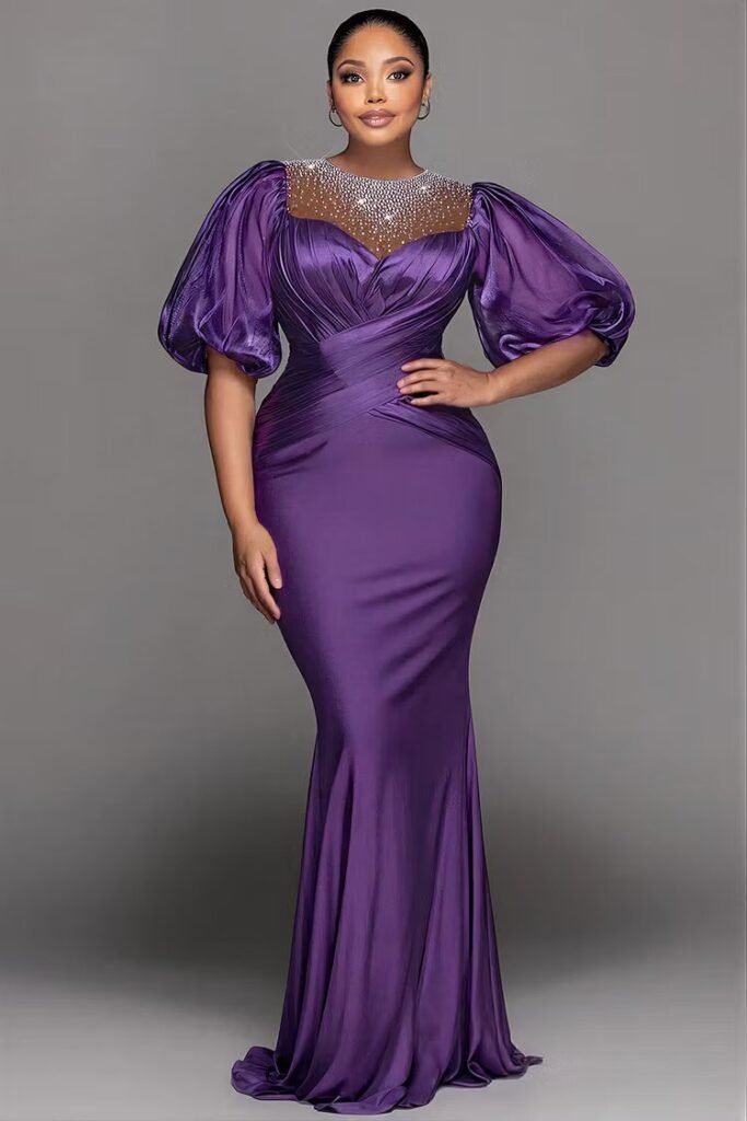 Plus Size Formal Organza Purple Round Neck Puff Sleeve Short Sleeve Drilling See Through Satin Maxi Dress