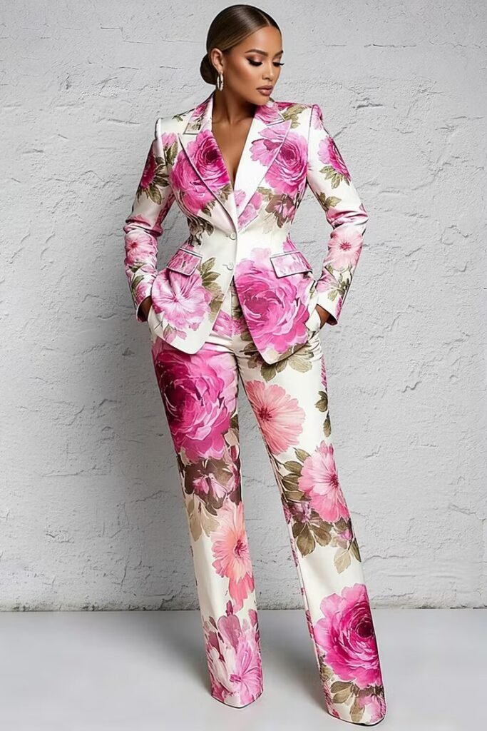 Plus Size Formal Pink Floral Lapel Collar Long Sleeve Pocket Two Piece Pant Suit