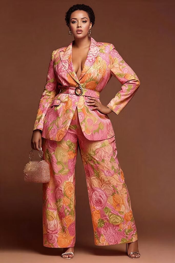 Plus Size Formal Pink Floral Turndown Collar Long Sleeve Pocket Satin Two Piece Pant Suit