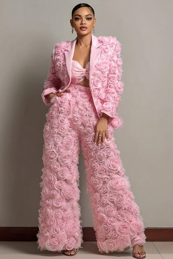 Plus Size Formal Pink Lapel Collar Long Sleeve 3D Pocket Tulle Two Piece Pant Suit