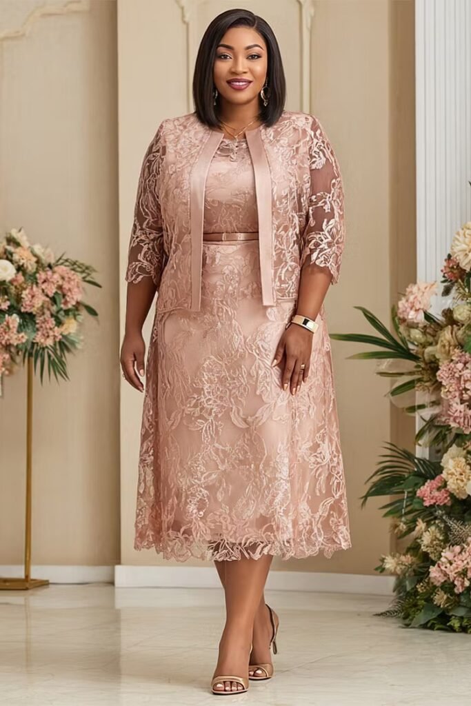 Plus Size Formal Pink Round Neck Half Sleeve See Through Lace Two Piece Dress Set