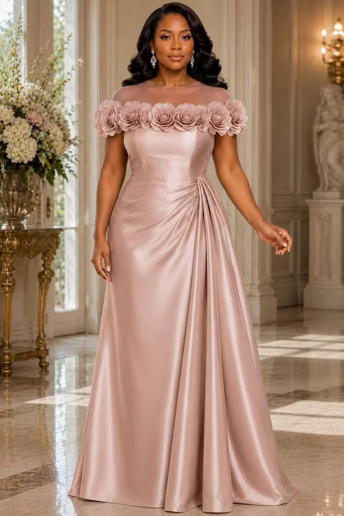 Plus Size Formal Pink Round Neck Short Sleeve 3D Fold Satin Maxi Dress