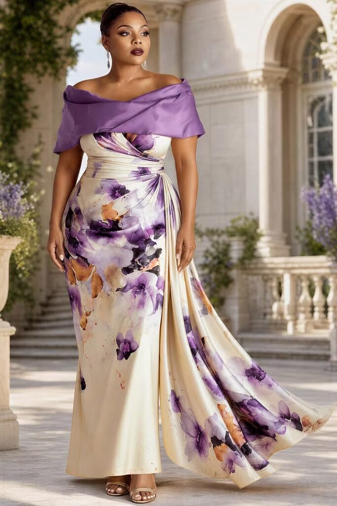 Plus Size Formal Purple Floral Off The Shoulder Draped Fold Satin Maxi Dress