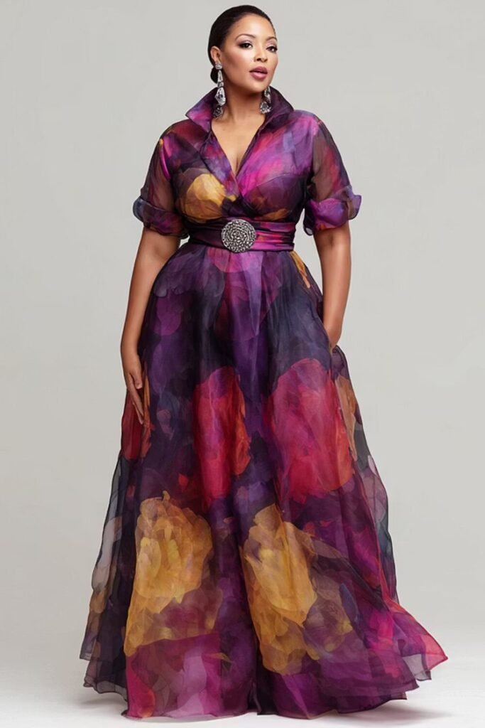 Plus Size Formal Purple Floral Short Sleeve Pocket Organza Maxi Dress