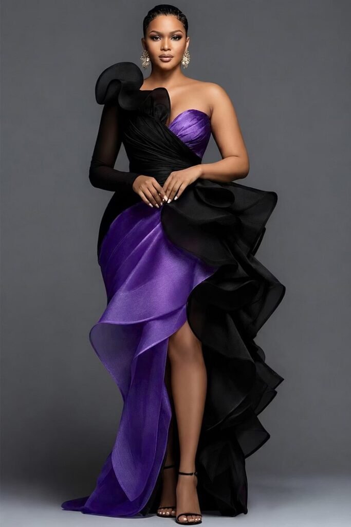 Plus Size Formal Purple Oblique Collar One Shoulder Long Sleeve Ruffle Elegant Asymmetric Hem Irregular Hem Maxi Dress