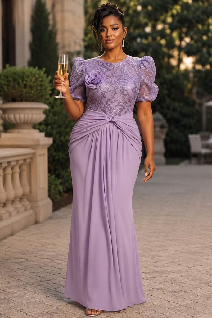 Plus Size Formal Purple Round Neck Puff Sleeve Short Sleeve 3D See Through Lace Maxi Dress