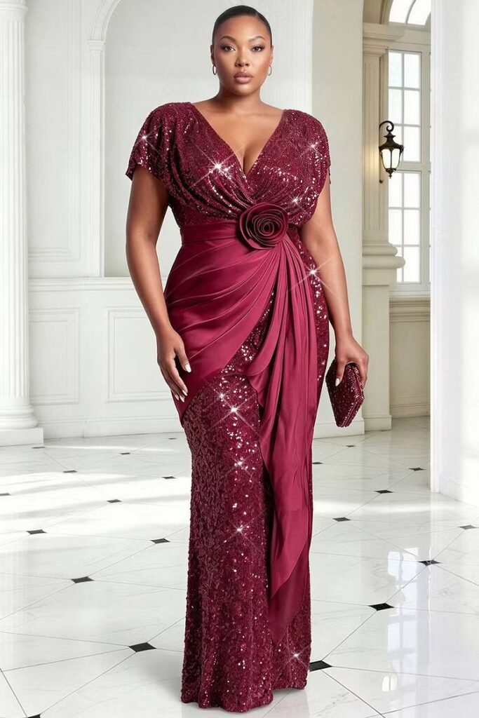 Plus Size Formal Satin Burgundy V Neck Short Sleeve 3D Contrast Sequin Maxi Dress