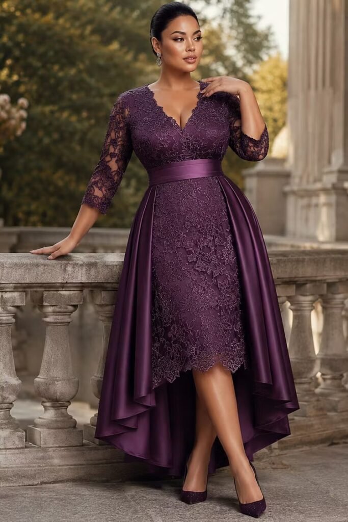 Plus Size Formal Satin Purple V Neck 3:4 Sleeve With Skirt Overlay Contrast Lace Mini Dress