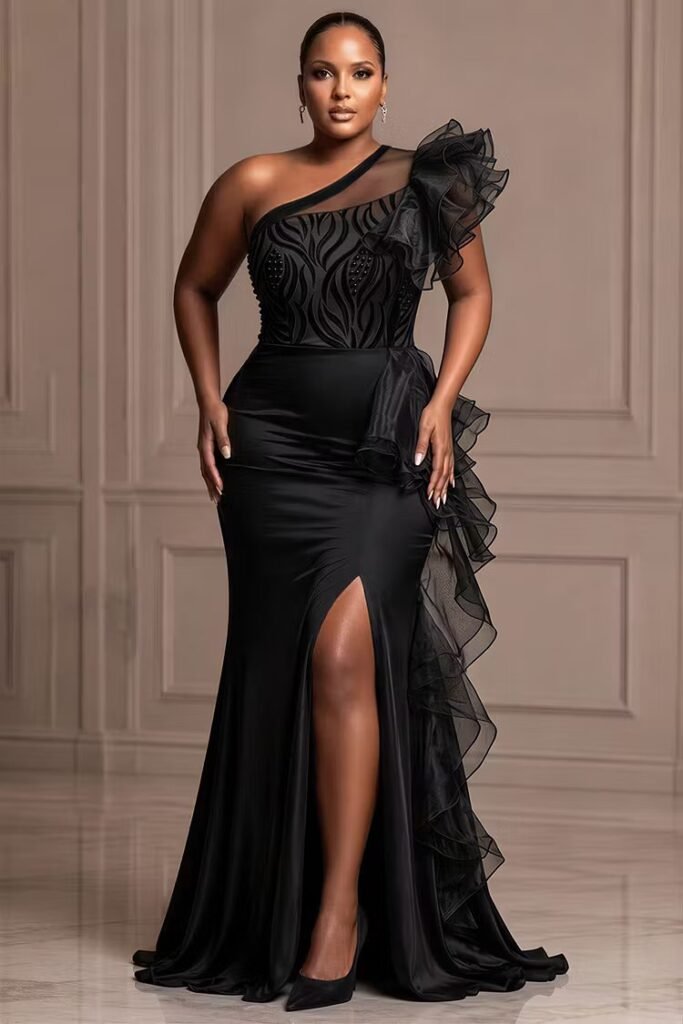 Plus Size Formal Tulle Black Oblique Collar Ruffle Split Satin Maxi Dress