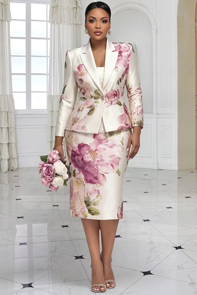Plus Size Formal White Floral Stand-Up Collar Long Sleeve Bodycon Split Satin Two Piece Skirt Set