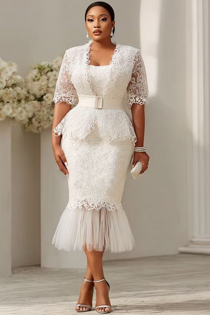 Plus Size Formal White Short Sleeve Mermaid See Through Lace Two Piece Dress Set