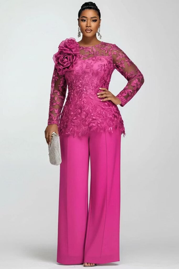 Plus Size Mother Of The Bride Chiffon Hot Pink Round Neck Long Sleeve 3D See Through Lace Two Piece Pant Suit