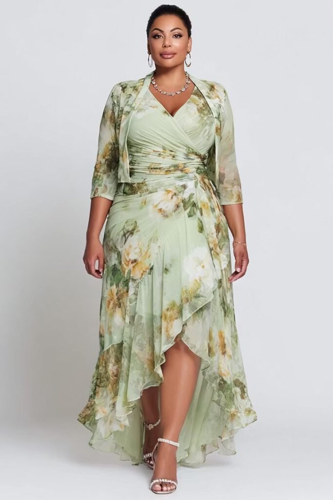 Plus Size Mother Of The Bride Sage Green Floral Wrap Neck 3:4 Sleeve Fold Asymmetric Hem Chiffon Two Piece Dress
