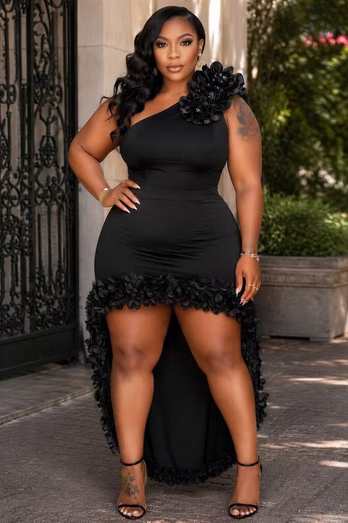 Plus Size Party Black One Shoulder 3D High Low Hem Mini Dress