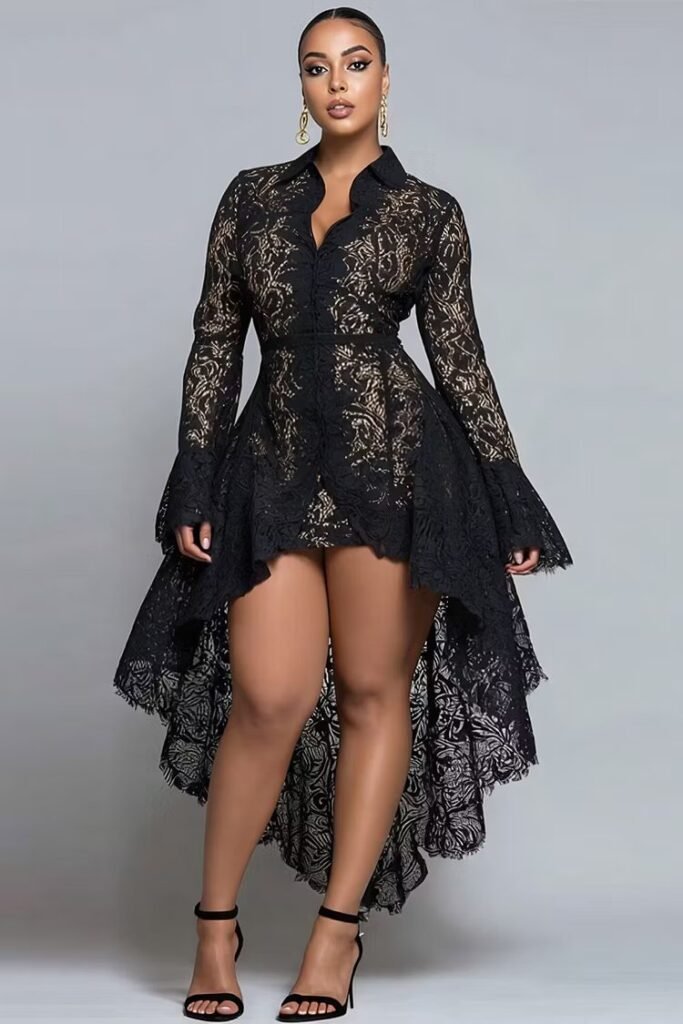 Plus Size Party Black Stand-Up Collar Long Sleeve High Low Hem Elegant See Through Lace Mini Dress