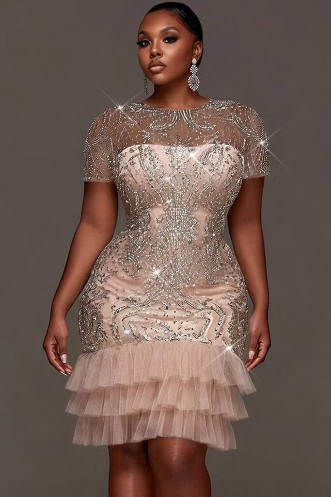 Plus Size Party Elegant Tulle Pink Round Neck Short Sleeve Ruffle See Through Sequin Mini Dress
