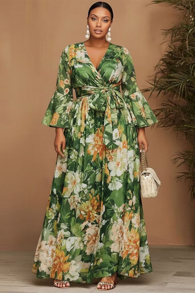 Plus Size Vacation Green Floral Wrap Neck Puff Sleeve 3:4 Sleeve Wrap Chiffon Maxi Dress