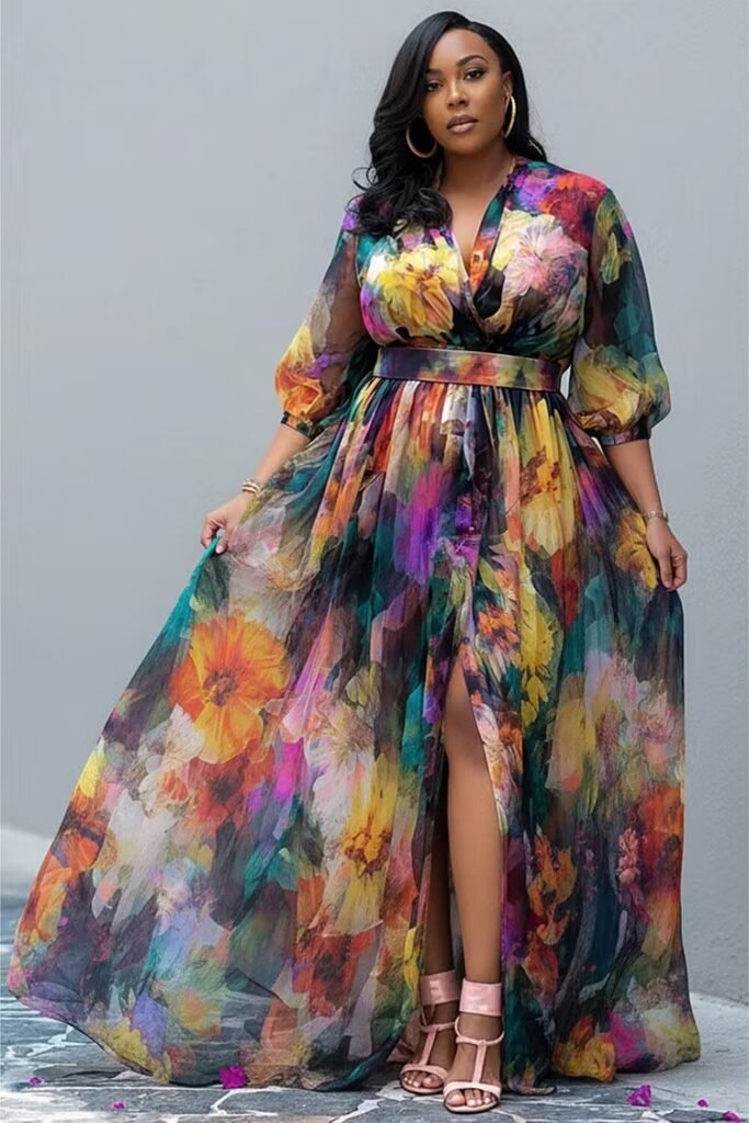 Plus Size Vacation Multicolor Floral V Neck Puff Sleeve Half Sleeve Split Chiffon Maxi Dress