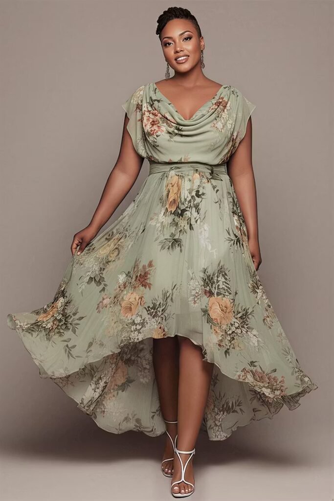 Plus Size Vacation Sage Green Floral Cowl Neck Short Sleeve Asymmetric Hem Chiffon Midi Dress