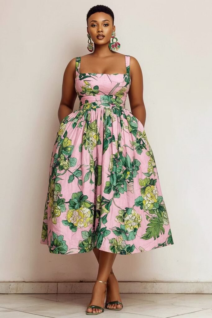 Plus Size Vacation Sundress Pink Floral Square Neck Pocket Satin Midi Dress