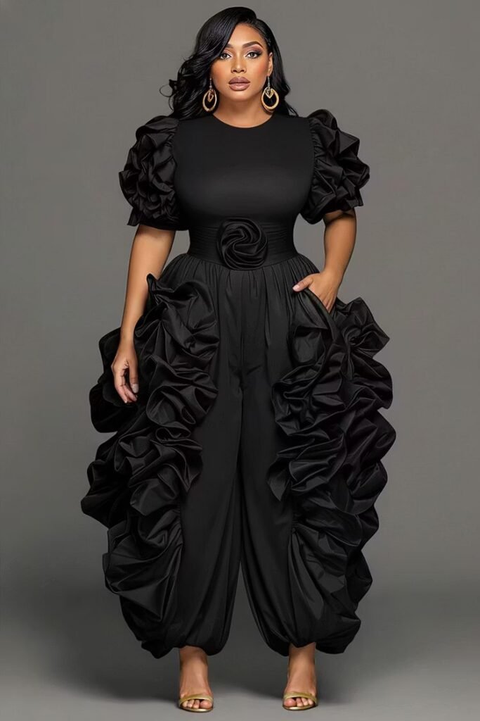 Plus Size Wedding Guest Black Round Neck Short Sleeve 3D Pocket Jumpsuit